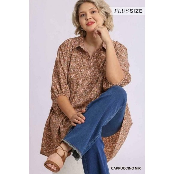 Umgee Plus Cappuccino Mixed Floral Print Tunic Top - Picture 5 of 5